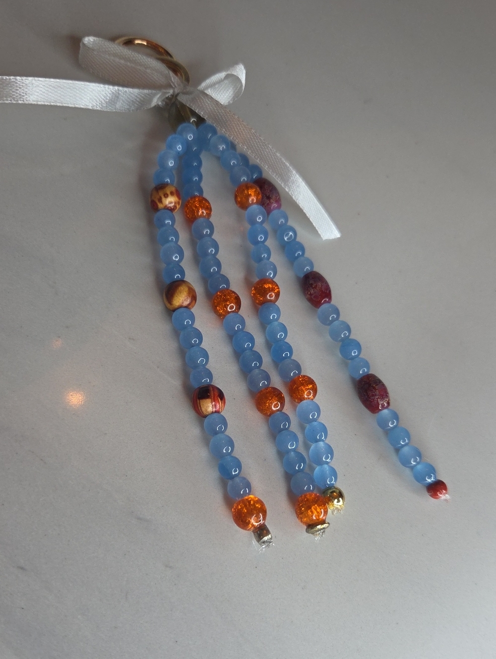 Handmade Blue Beaded Keychain Tassel with Orange Bag Charm